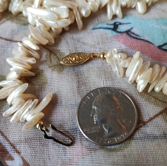 Pearl Icicle Biwa Stick Creamy White Vintage Necklace Gold Tone Clasp EUC - Picture 9 of 10